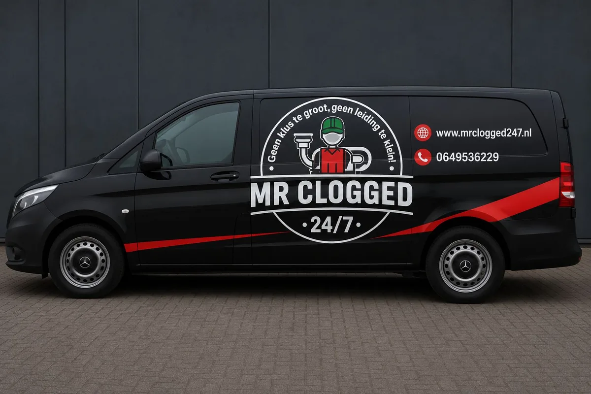 De bus van Mr. Clogged 24/7, klaar om uit te rukken voor ontstoppingen en loodgieterswerk in Amsterdam